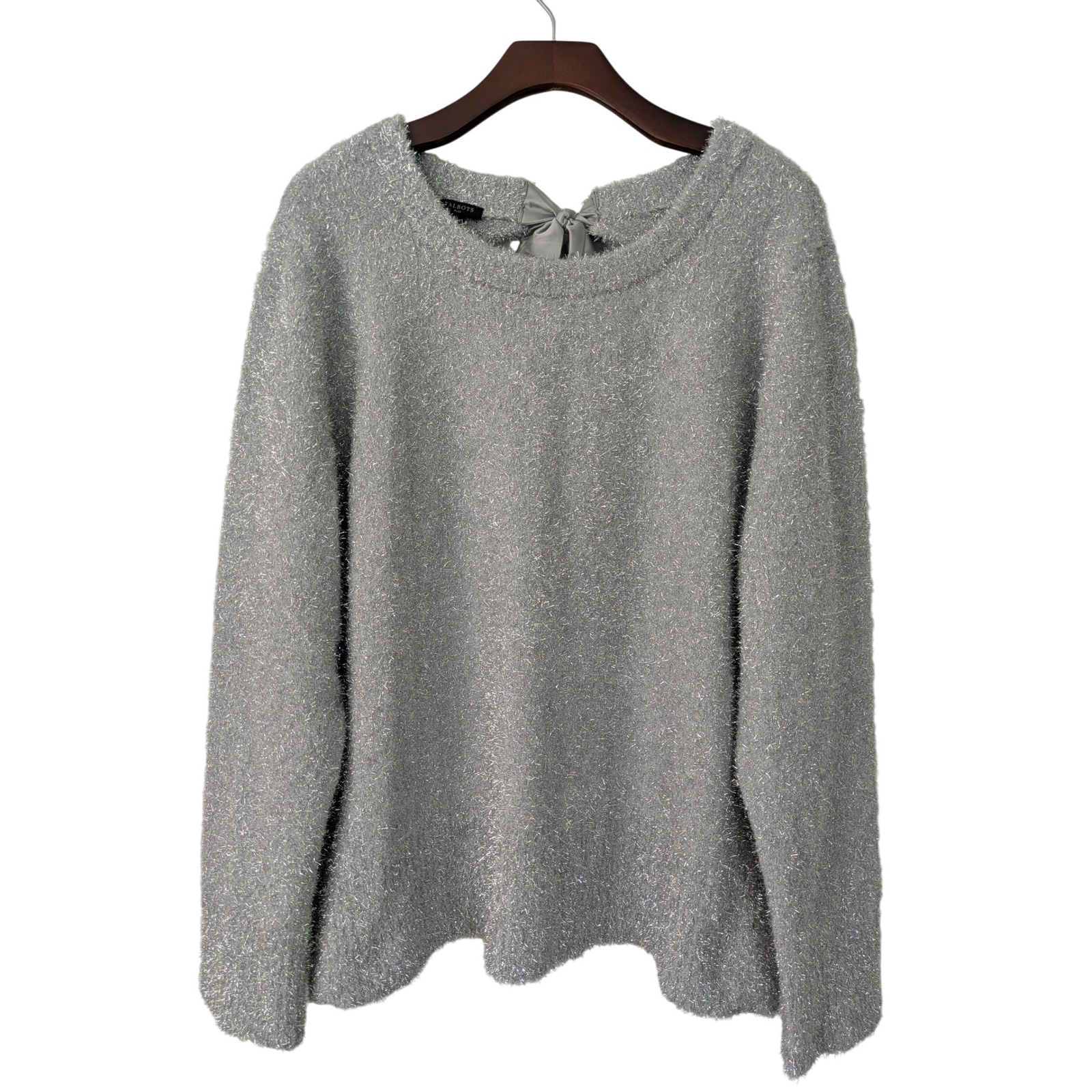 Talbots Plus Bow Tie Back Sweater Lurex Sparkle Womens Size 2x Silver Gray Nwt